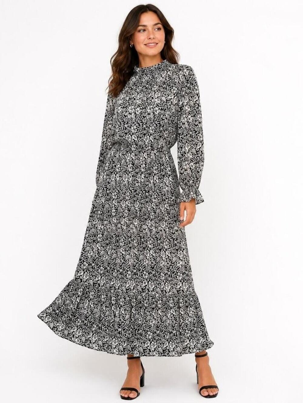 Banana Republic Sheer Black & White Floral Tiered Maxi Dress Size 8